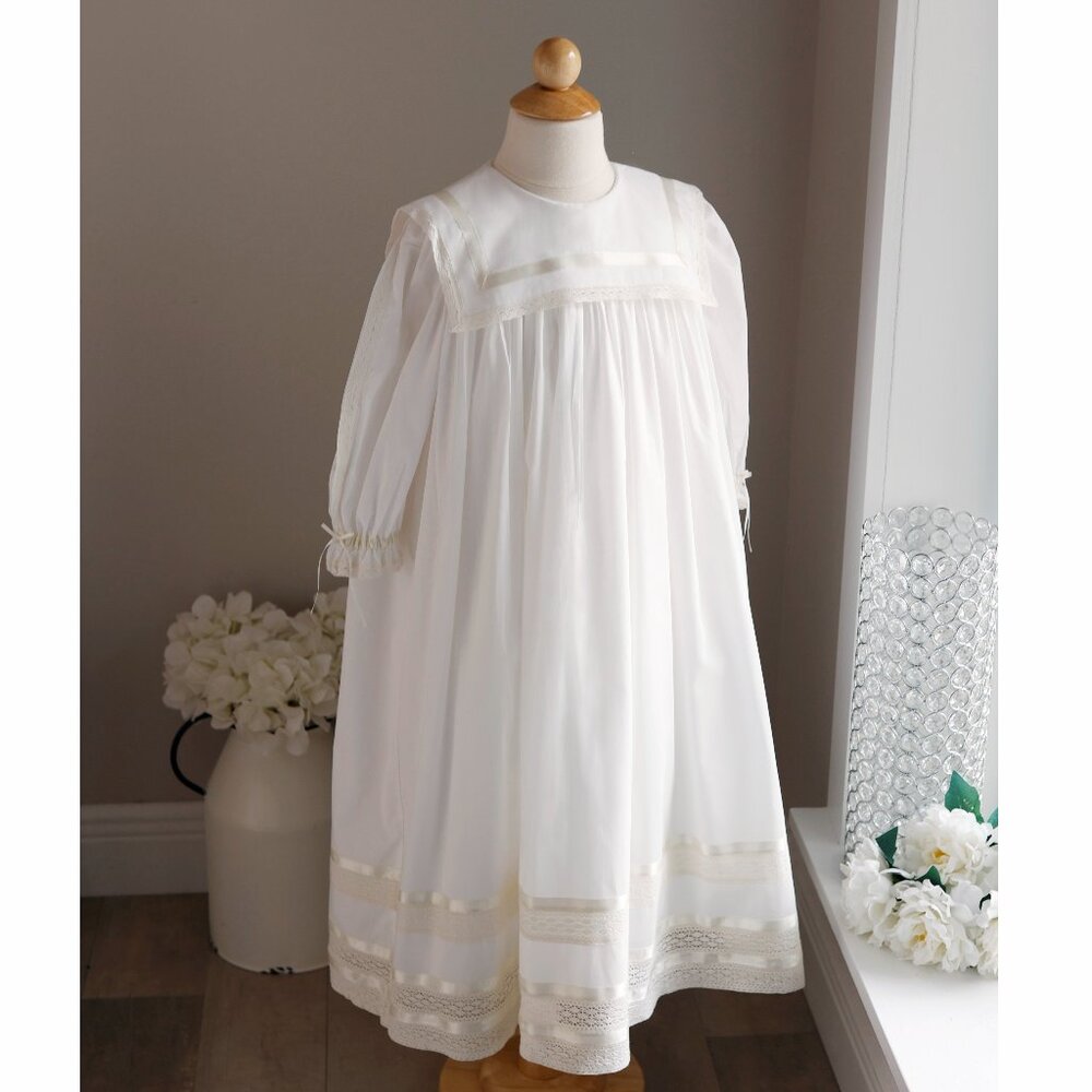 Strasburg White Heirloom Dress Long Sleeve Ivory Trim Flower Girl Size 7